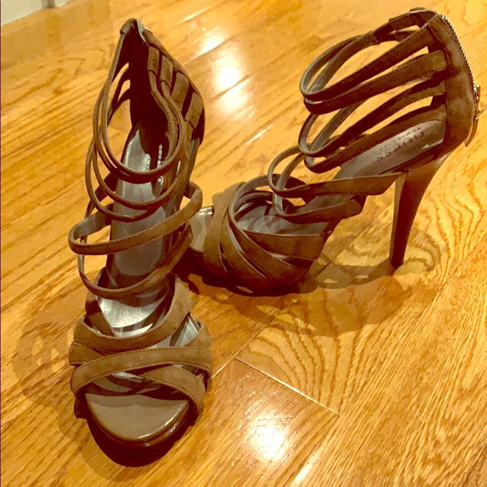 Guess by Marciano suede open toe heels